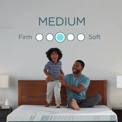 Father and son enjoying the comfort of a Tempur-Pedic medium mattress, showcasing its adaptive support features.
