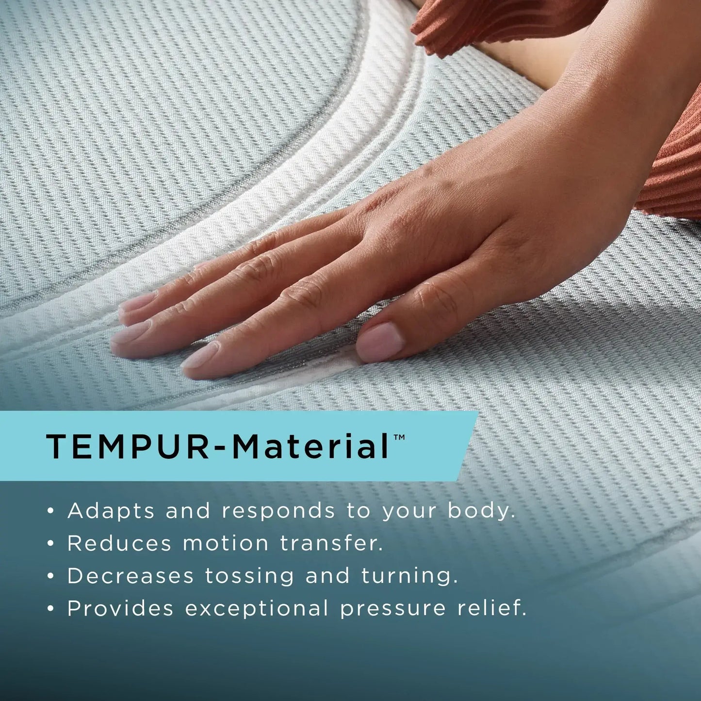 Hand resting on TEMPUR-Material™ mattress highlighting its adaptive comfort and motion reduction features.