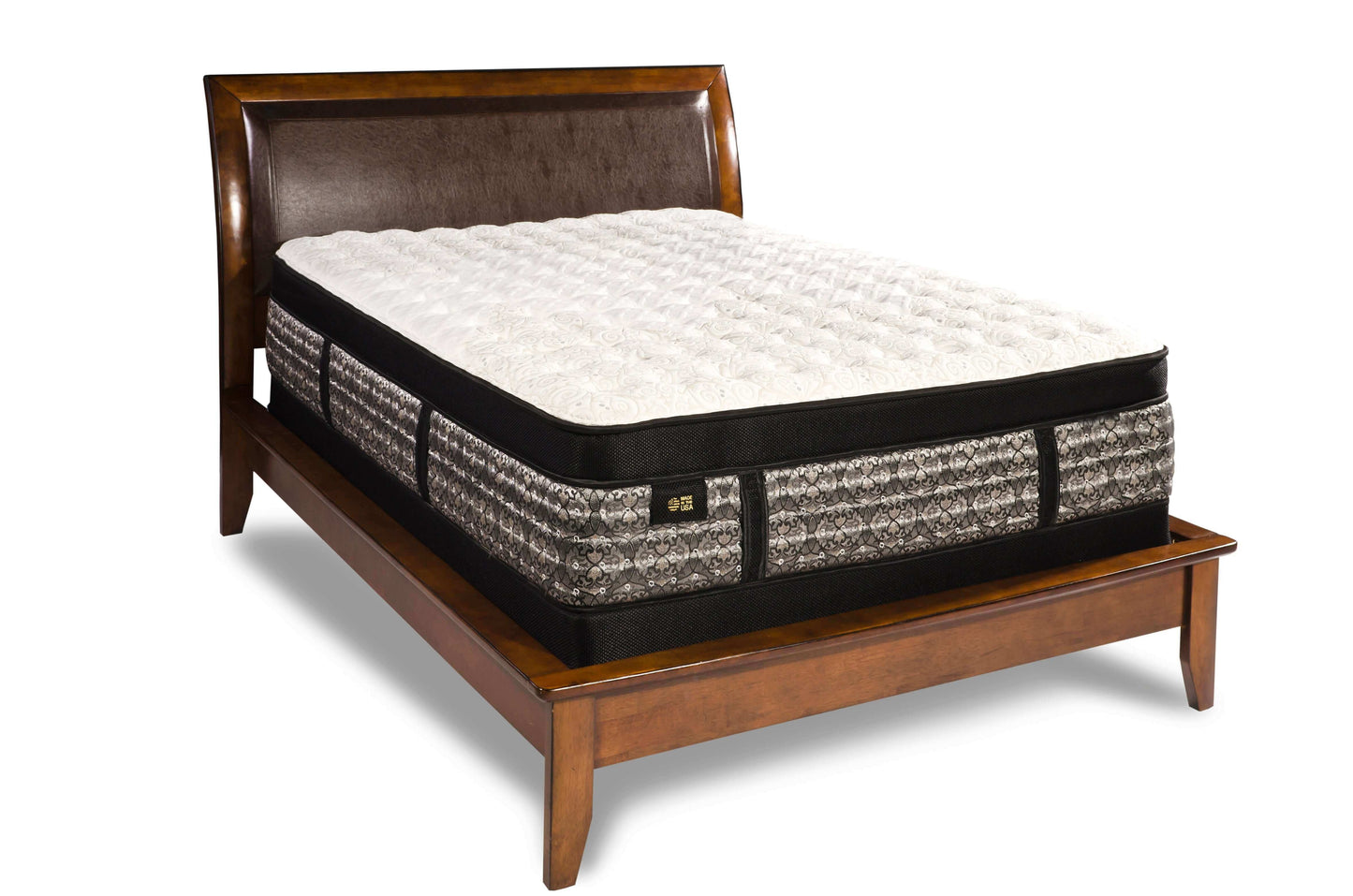 Plush CA King Diamond Azusa Luxury Latex Euro Top mattress displayed on a wooden bed frame, showcasing its elegant design.