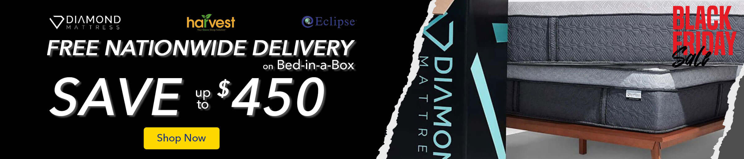 Black Friday sale banner for Diamond Mattress with free delivery and savings up to $450 on Bed-in-a-Box. Shop now!