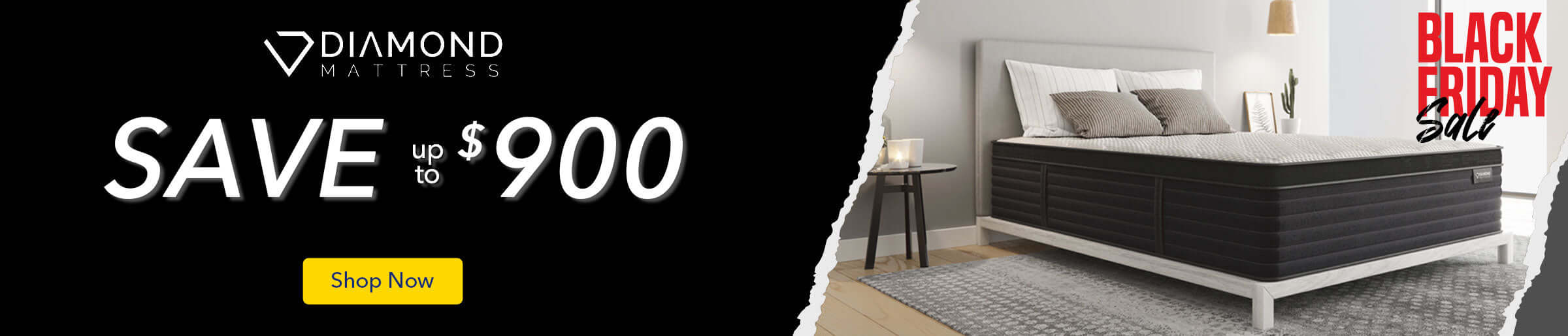 Black Friday sale banner for Diamond Mattress, showcasing savings of up to $900. Shop now for great deals!