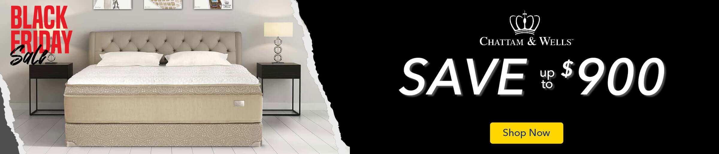Black Friday sale advertisement featuring a bed and a discount of up to $900 at Chattem & Wells. Shop now!