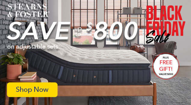 Stearns & Foster Black Friday sale showcasing a comfortable adjustable mattress with an $800 savings offer.