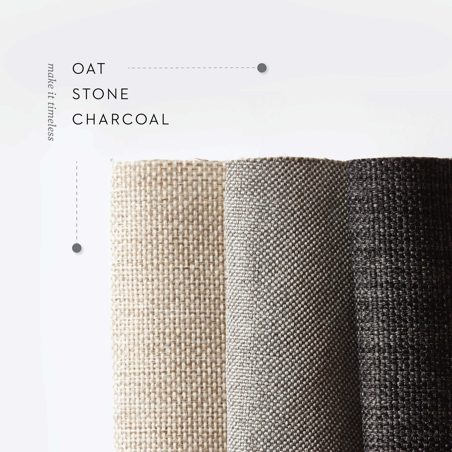 Swatches of oat, stone, and charcoal upholstery fabrics for versatile home decor options.