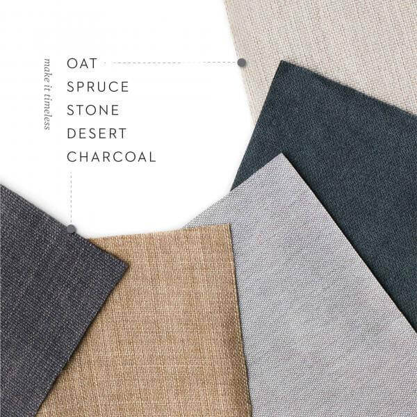 Assorted fabric swatches in oat, spruce, stone, desert, and charcoal colors for modern design options.