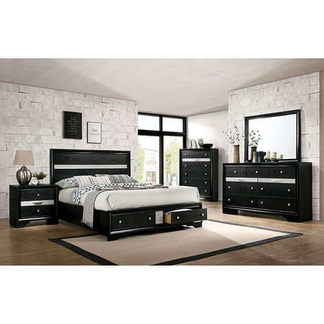 Modern black bedroom set featuring Chrissy Black Nightstand, bed, and dresser with sleek silver accents in a contemporary room.