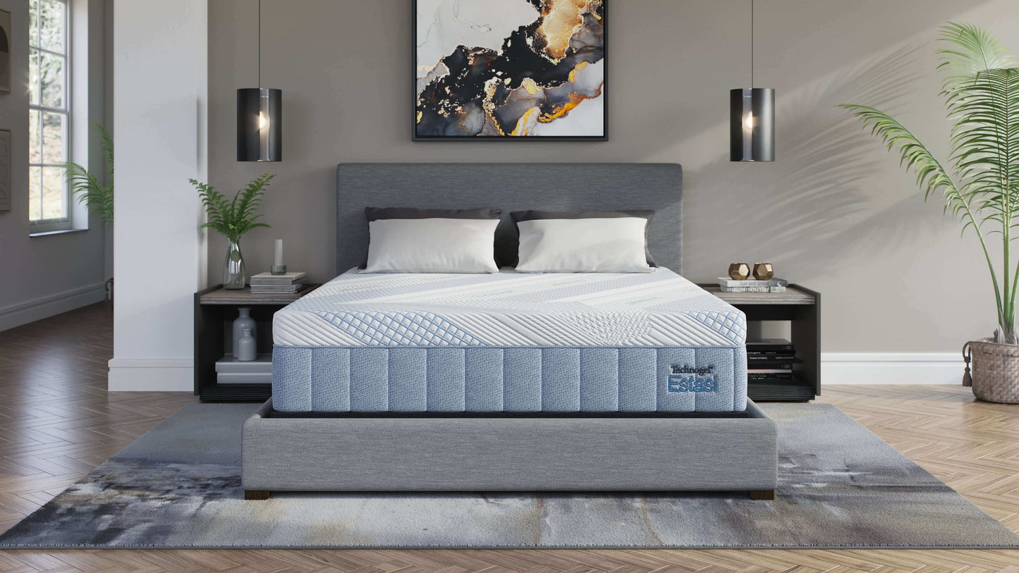 Diamond Technogel® Estasii 12" plush foam mattress on a stylish bed frame in a modern bedroom setting.