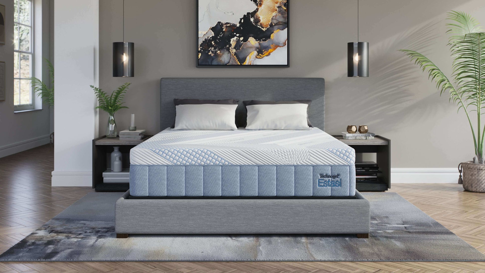 Diamond Technogel® Estasii 12" plush foam mattress on a stylish bed frame in a modern bedroom setting.