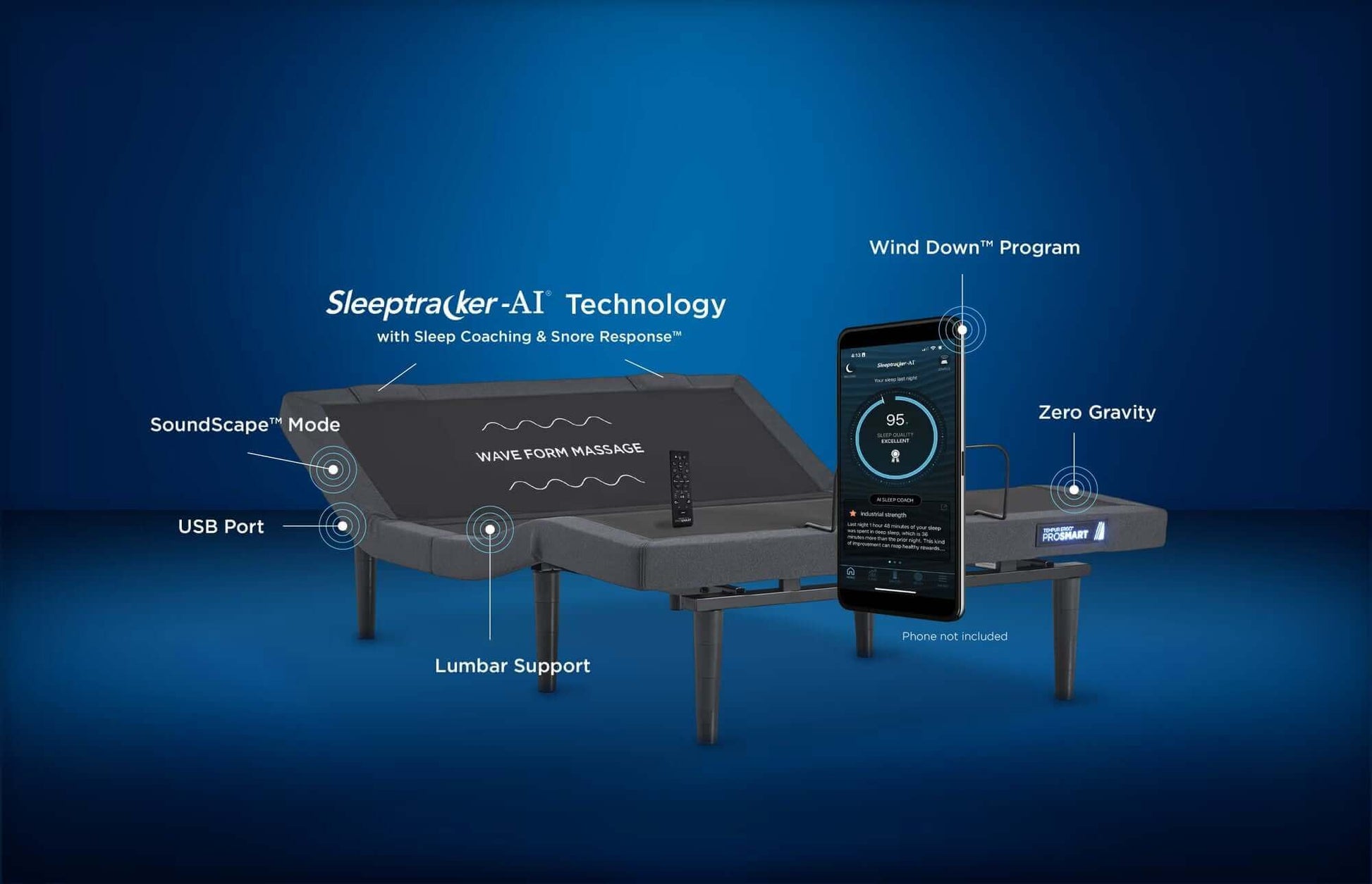 TEMPUR-Ergo® ProSmart Adjustable Base with Sleeptracker-AI®, featuring lumbar support, USB port, and app integration.