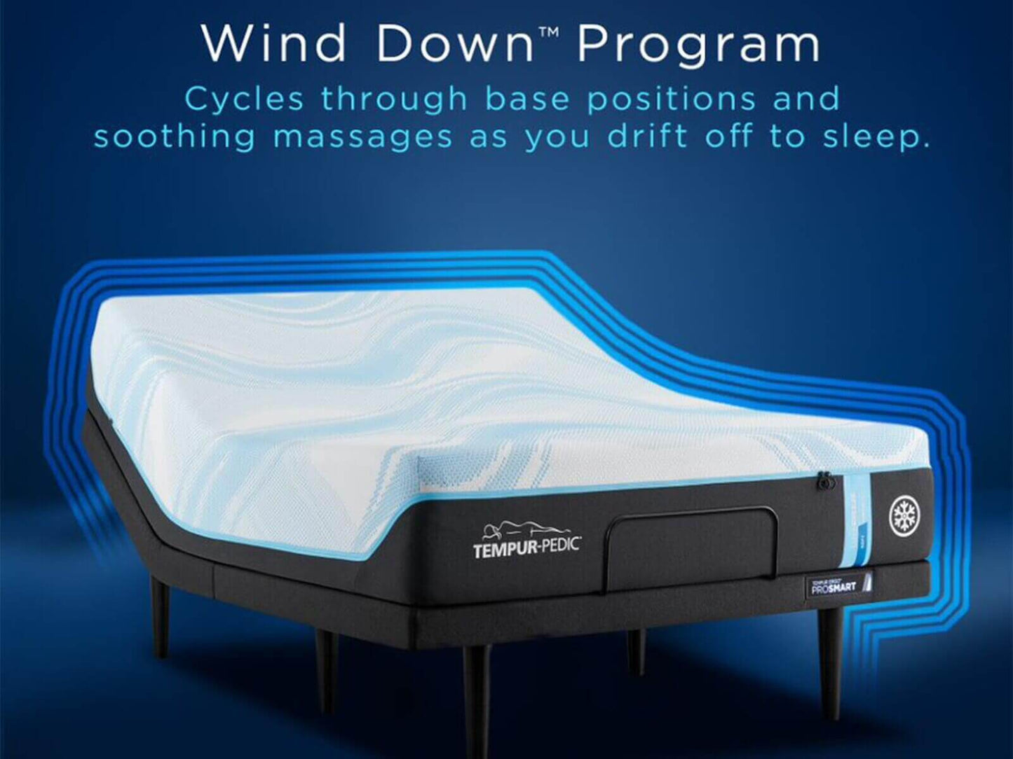 TEMPUR-Pedic Wind Down™ Program showing adjustable base with soothing massage features for better sleep comfort.