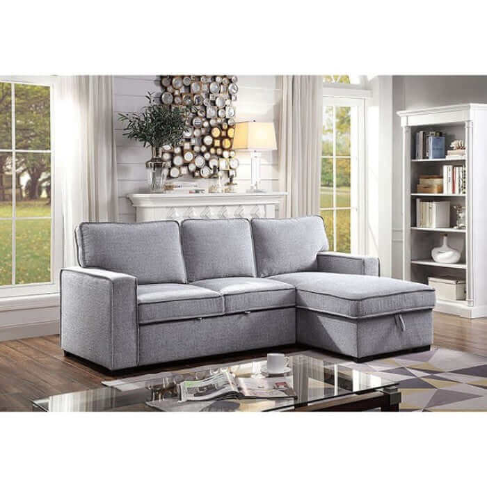 Ines Gray Sectional Sofa with chaise lounge and hidden storage, perfect for modern living spaces and versatile home styles.