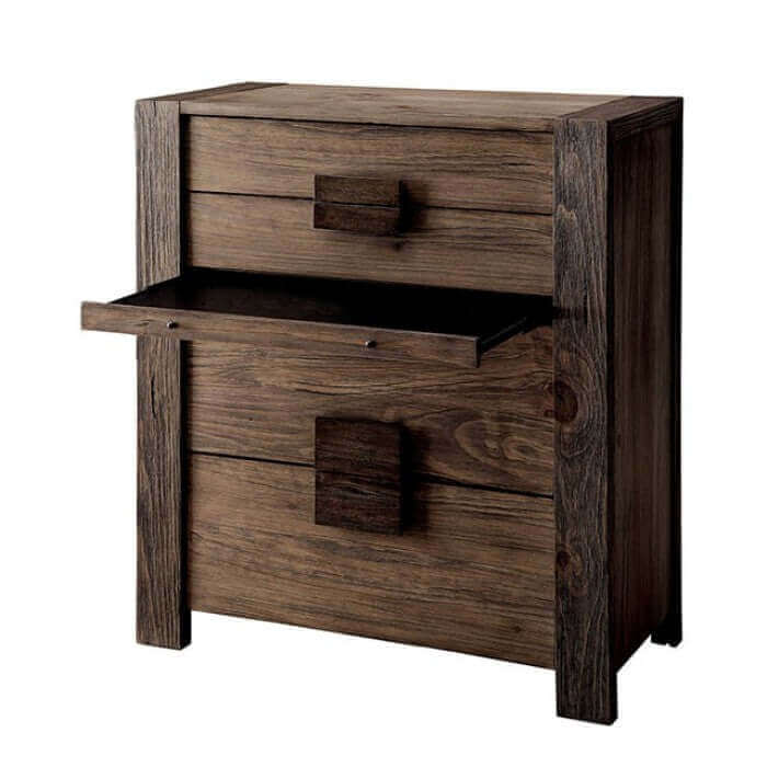 Rustic wooden chest with block pulls, showcasing natural wood grain, perfect for urban loft interiors.