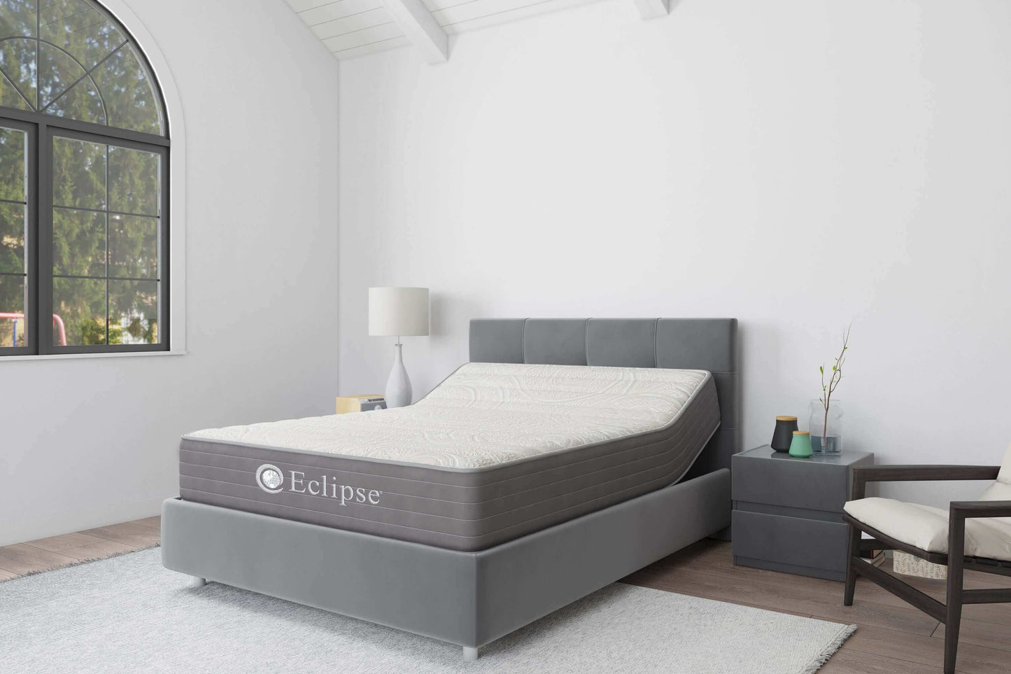 Eclipse Cares Collection Kindness Hybrid 13" plush mattress in a modern bedroom setting.