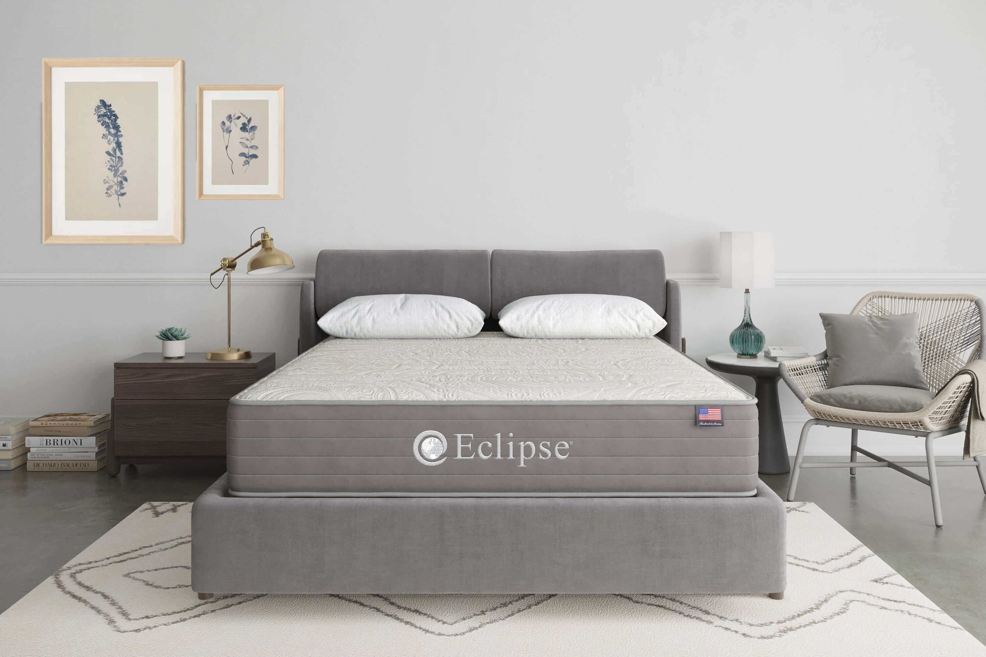 Eclipse Cares Collection Kindness Hybrid 13" Firm Mattress displayed in a modern bedroom setting with stylish decor.