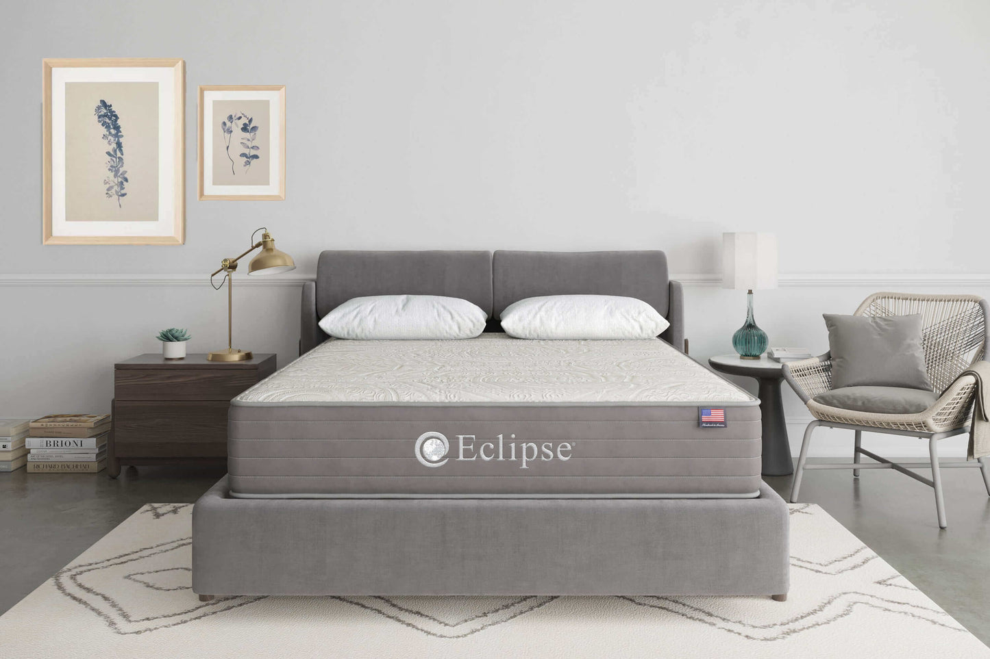 Eclipse Cares Collection Kindness 13" plush mattress on a stylish bed frame in a modern bedroom setting.