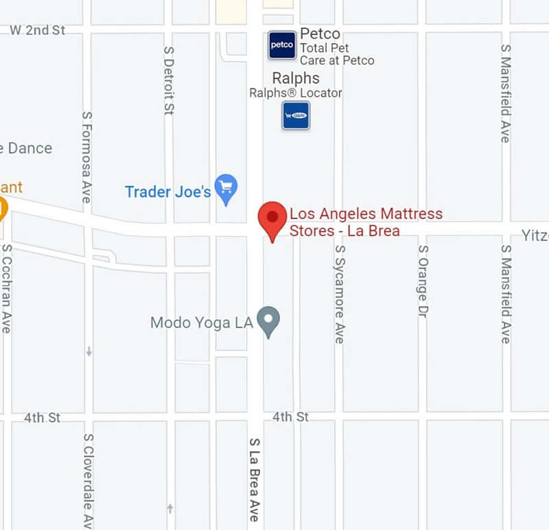 Map showing Los Angeles Mattress Stores location on La Brea Avenue near Trader Joe's and Petco in Los Angeles.