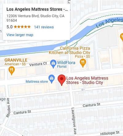 Map showing Los Angeles Mattress Stores location at 12306 Ventura Blvd, Studio City, CA with nearby landmarks.