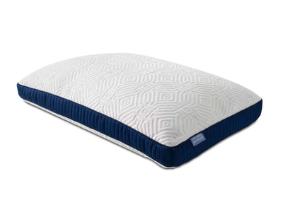 Stearns & Foster Lux Estate Latex and Down Pillow showcasing premium comfort and elegant design with a navy blue border.