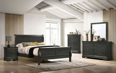 Louis Philippe gray transitional chest and sleigh bed in stylish master bedroom with matching furniture and decor.