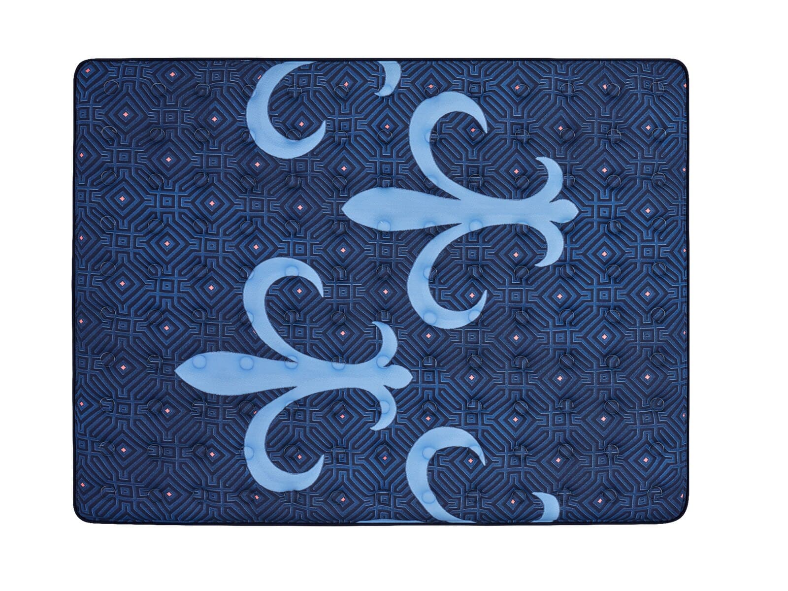 Decorative blue and navy patterned mattress cover with elegant floral designs.