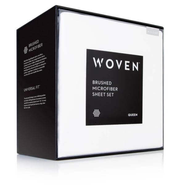 Woven brushed microfiber sheet set packaging in a queen size, emphasizing a universal fit and soft texture.