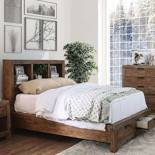 Mcallen Rustic Storage Bed with drawers and bookcase headboard in a bright, cozy bedroom setting.