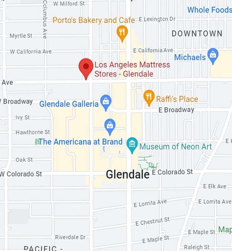Map highlighting Los Angeles Mattress Stores in Glendale, California, near local landmarks and businesses.
