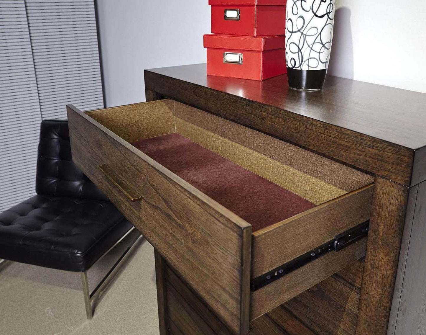 Open drawer of Modern Loft Collection Brownstone Chest showcasing durable construction and rich interior lining.