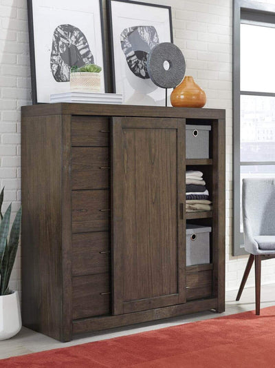 Modern Loft Brownstone sliding door chest with drawers and shelves, styled in contemporary interior setting.