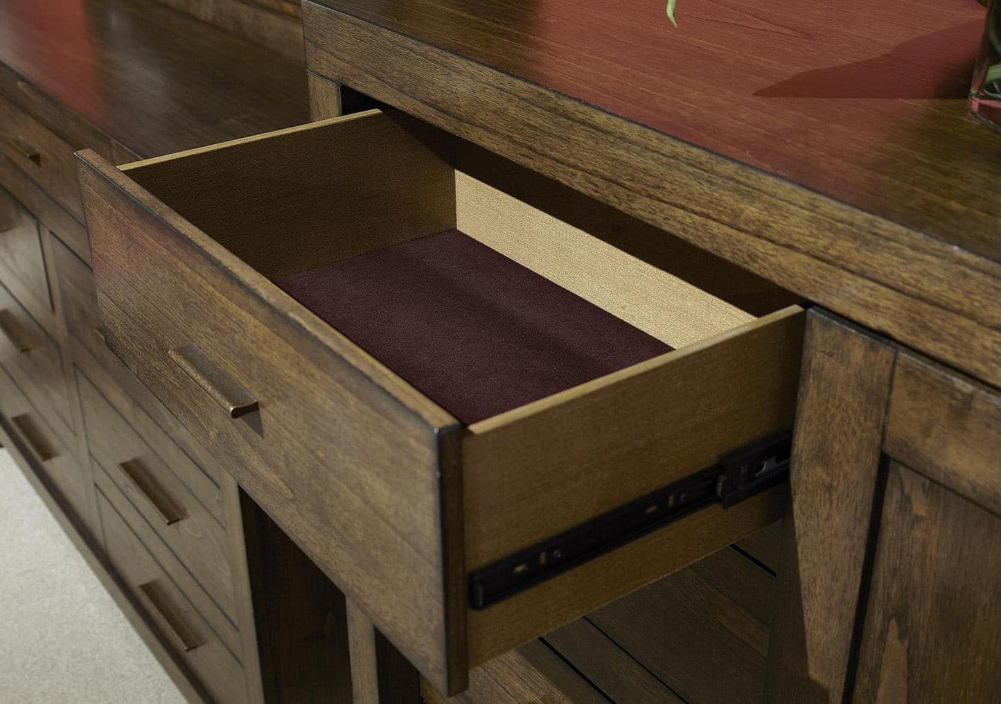Modern Loft collection sliding door chest drawer with rich brown finish and velvety felt lining for added elegance.