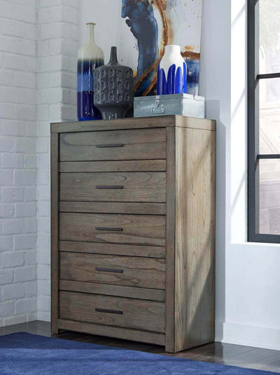 Modern Loft Collection Graystone Chest with aged bronze pulls, showcasing a stylish and durable design in a contemporary setting.