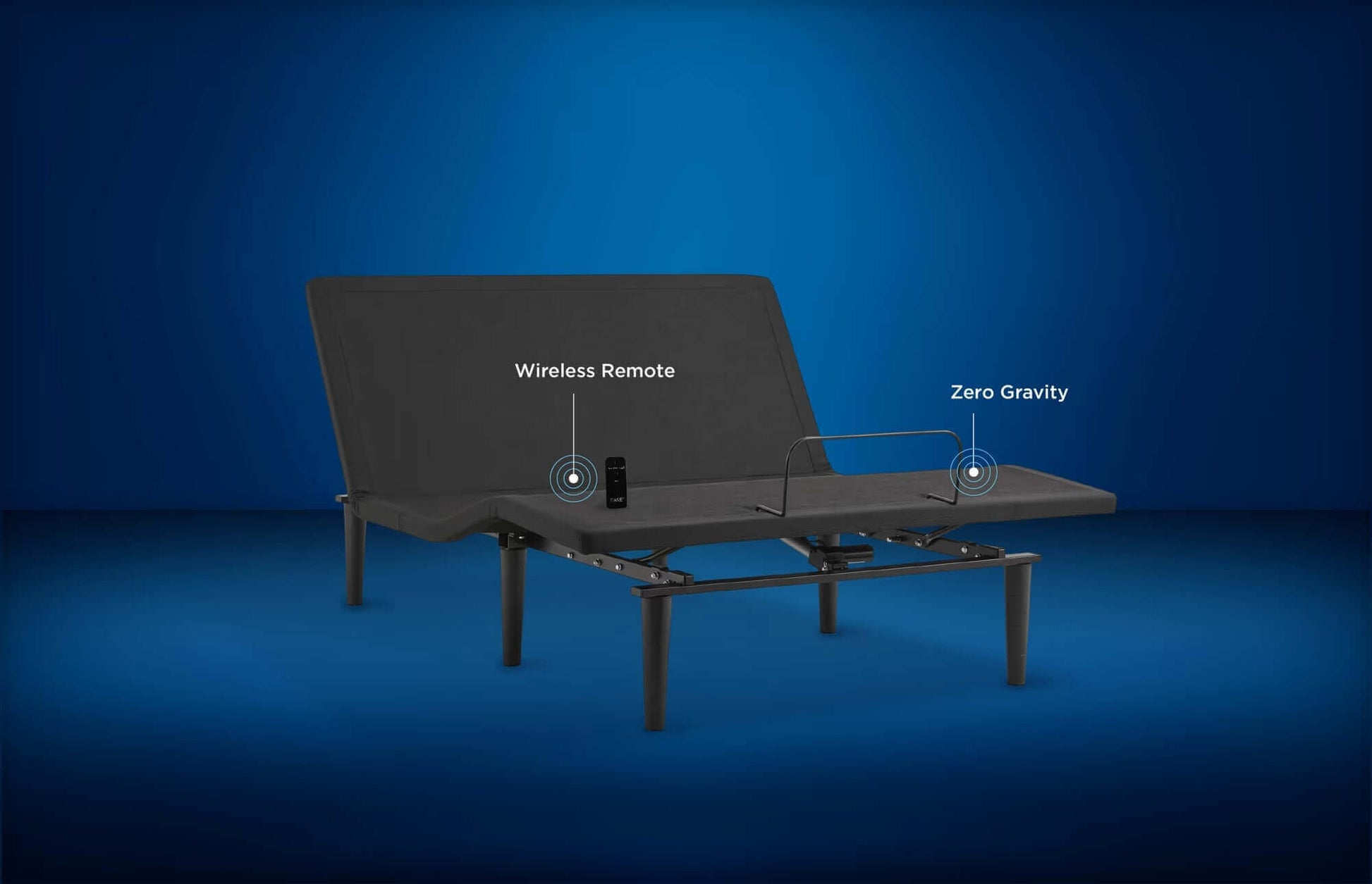 Tempur-Pedic TEMPUR-Ease adjustable base with wireless remote and Zero Gravity position highlighted on blue background.