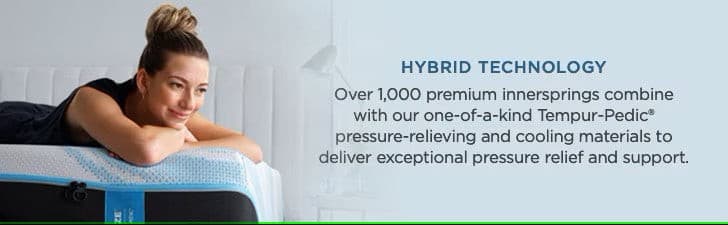 Woman lounging on a Tempur-Pedic mattress showcasing hybrid technology for pressure relief and cooling comfort.