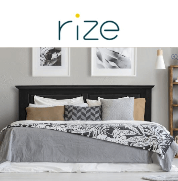 Modern bedroom with black headboard, stylish bedding, and decorative pillows, showcasing a cozy and inviting atmosphere.