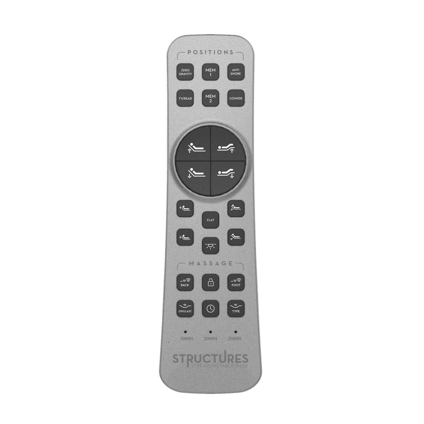 Malouf Structures S755 adjustable bed remote control with sleek design and massage feature buttons.