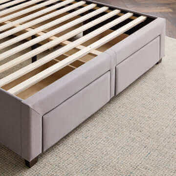 Malouf Watson Charcoal Platform Bed Frame showing streamlined storage drawers for clothes and linens.