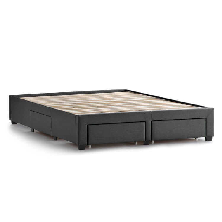 Malouf Watson Charcoal Platform Bed Frame with four storage drawers and wooden slats for mattress support.