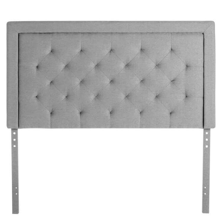 Malouf Hennessy Stone Grey Headboard with square tufting and sophisticated padding for modern bedroom elegance.