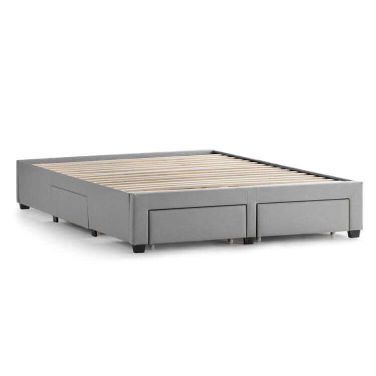 Malouf Watson Stone Platform Bed Frame featuring four easy-pull storage drawers and a sleek contemporary design.