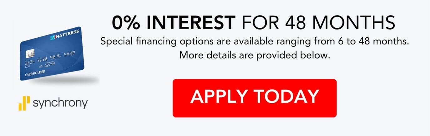 Banner promoting 0% interest financing for 48 months; includes call to action to apply today with Synchrony.