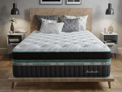 Southerland Scandinavian Collection Sandmahn 16" latex foam mattress on a modern bed frame in a stylish bedroom setting.