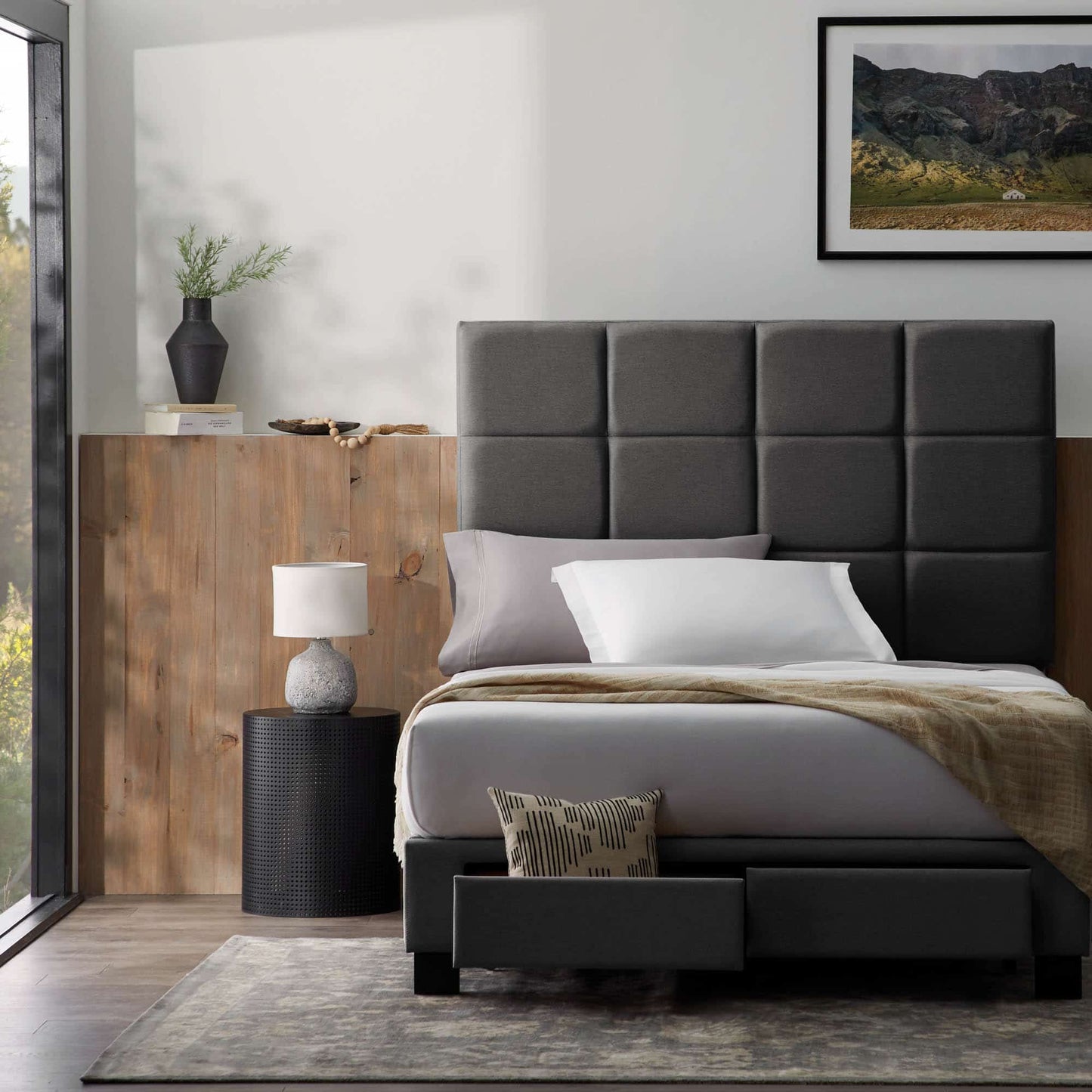 Elegant Malouf Scoresby charcoal grey headboard with square tufting in a modern bedroom setting, styled with cozy bedding.