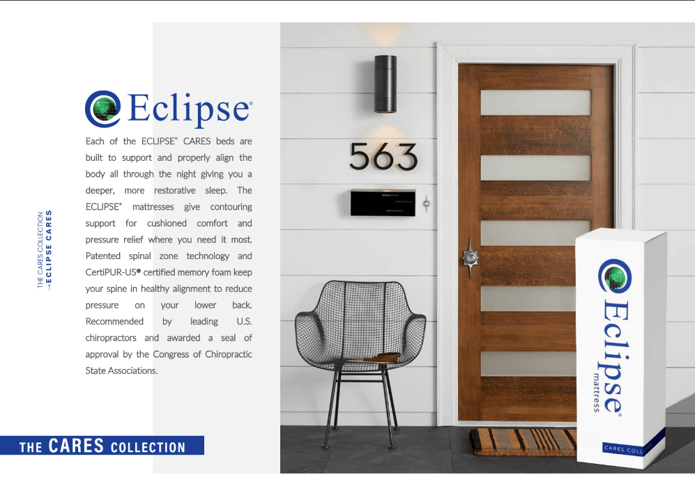 Eclipse Cares Collection mattress showcased at a modern home entrance, highlighting comfort and spinal support features.