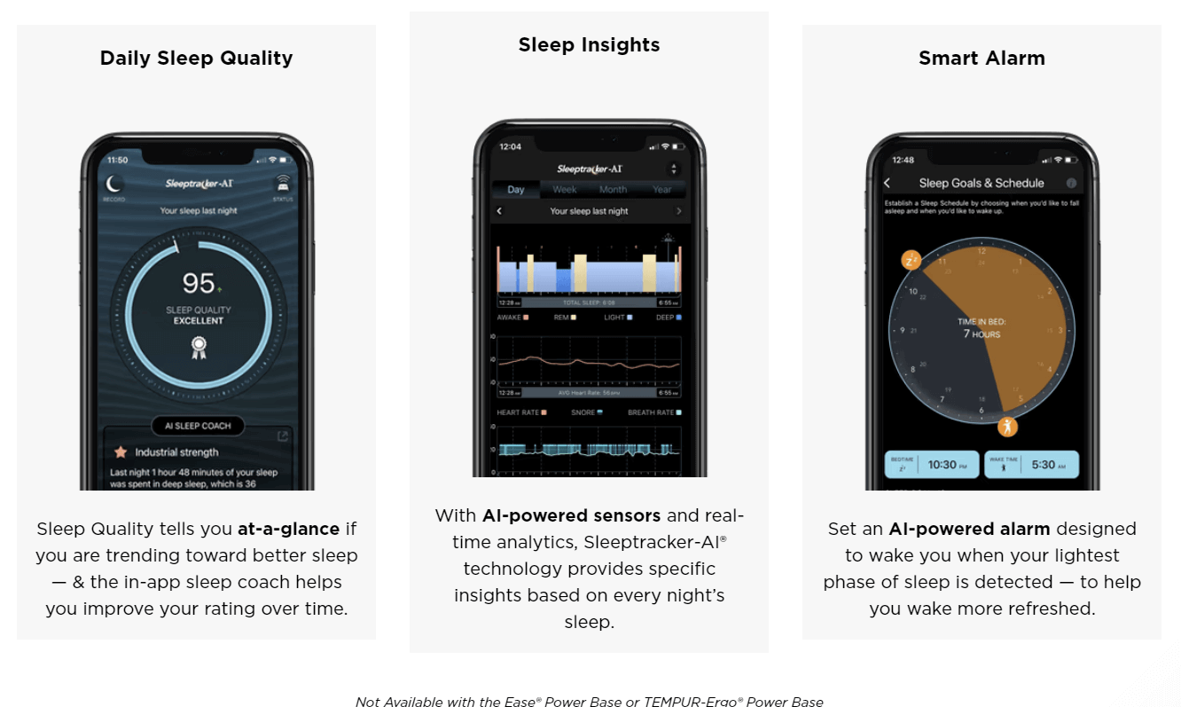Daily sleep quality, sleep insights, and smart alarm features of TEMPUR-Ergo® Smart Base app shown on mobile devices.