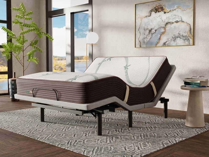 Ergo-Pedic Solutions III Massage Adjustable Base with dual massage and wireless remote in a modern bedroom setting.