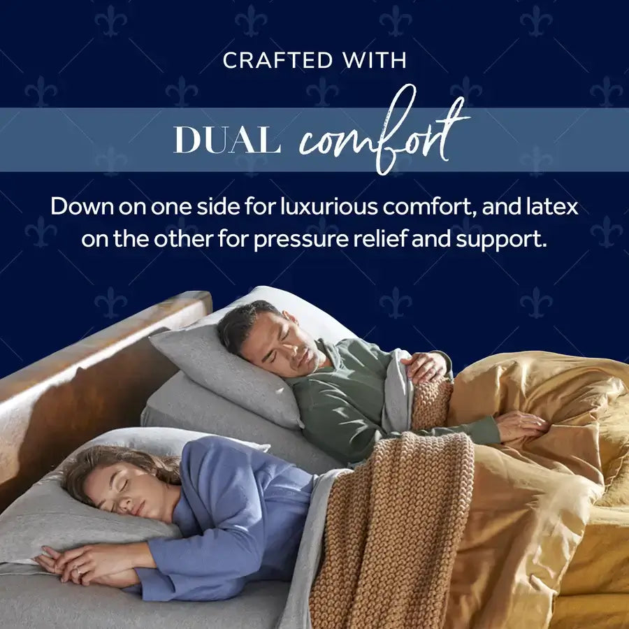 Couple sleeping with Stearns & Foster pillow showcasing dual comfort: down for luxury and latex for support.