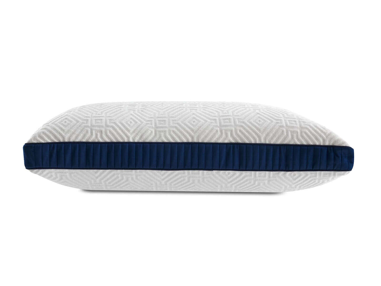 Stearns & Foster Lux Estate Latex & Down Pillow showcasing a geometric design and navy blue accent trim.