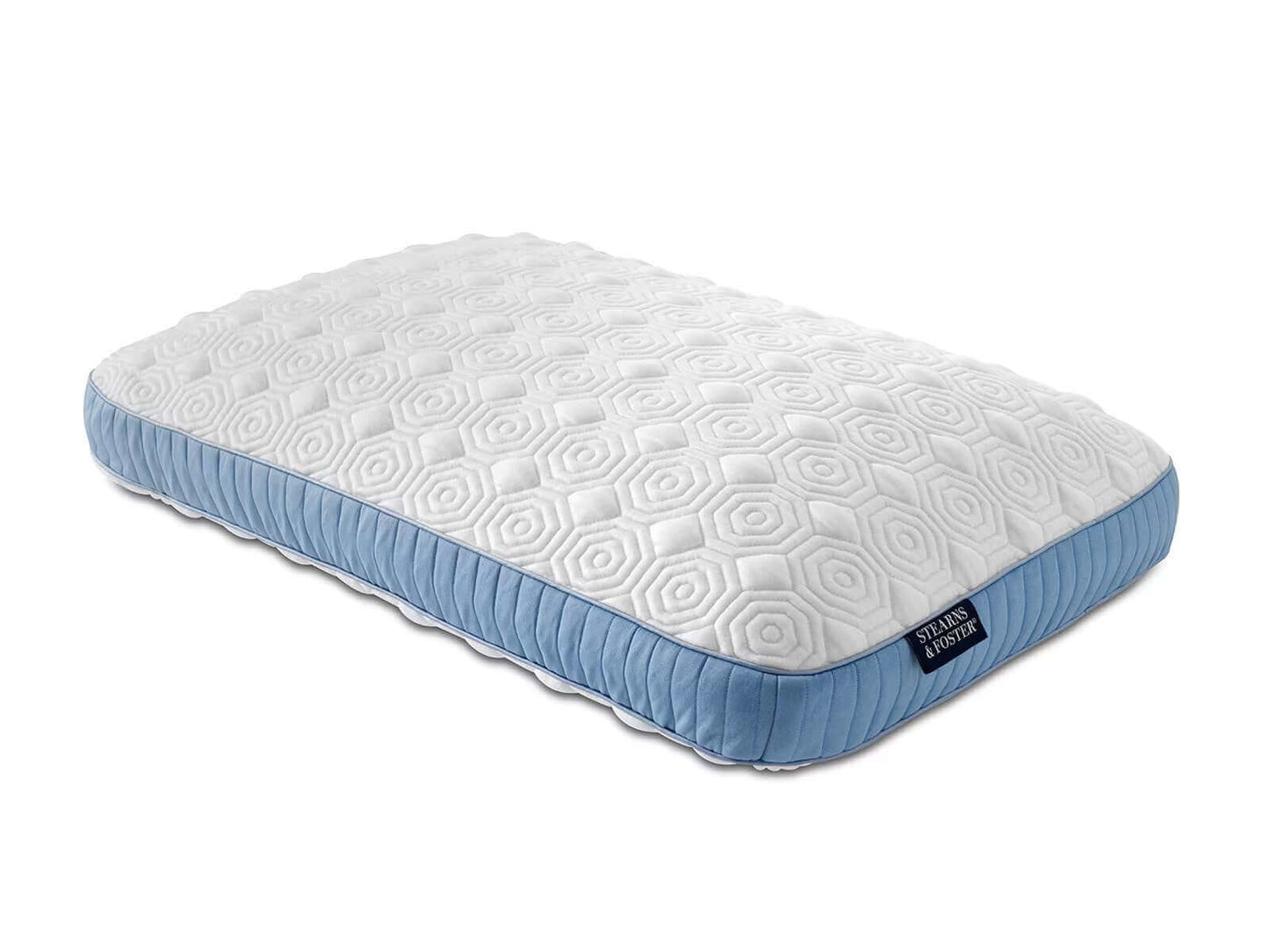 Stearns & Foster Studio Natural Latex Pillow with hexagonal design and blue trim for all-night comfort.