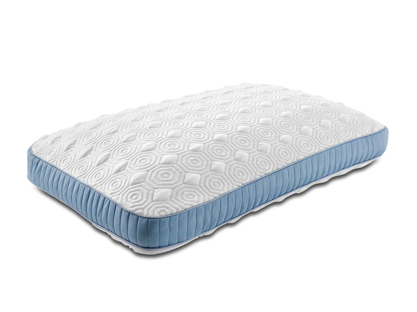 Stearns & Foster Studio Natural Latex Pillow with hexagonal design and blue trim for all-night comfort.