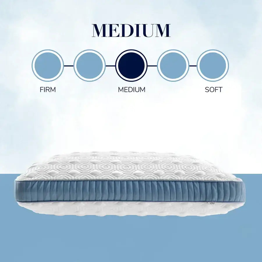 Stearns & Foster Studio Natural Latex Pillow shown in medium firmness level with stylish blue detailing and unique design.